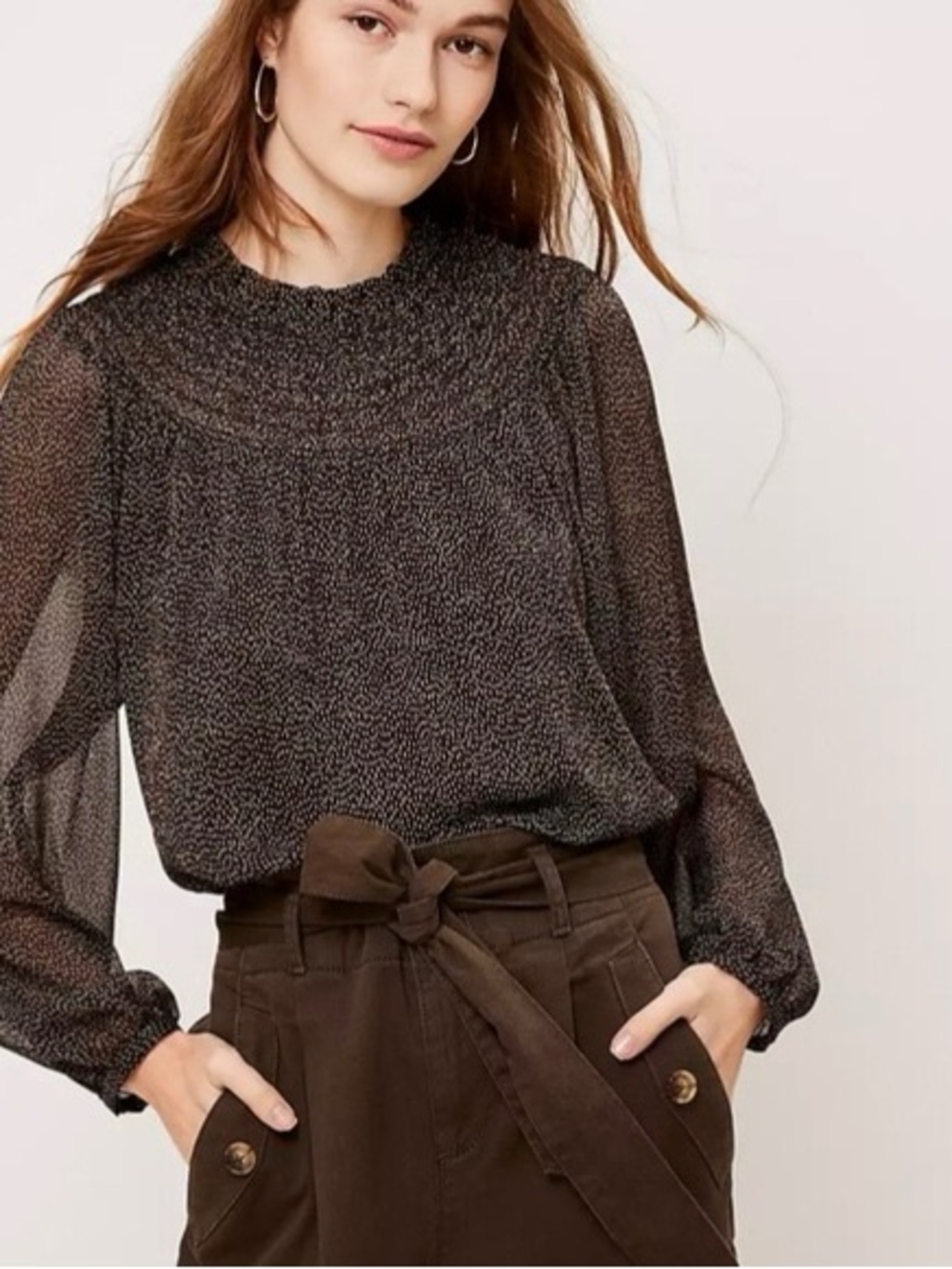 LOFT Black Sheer Smocked-Neck Blouse